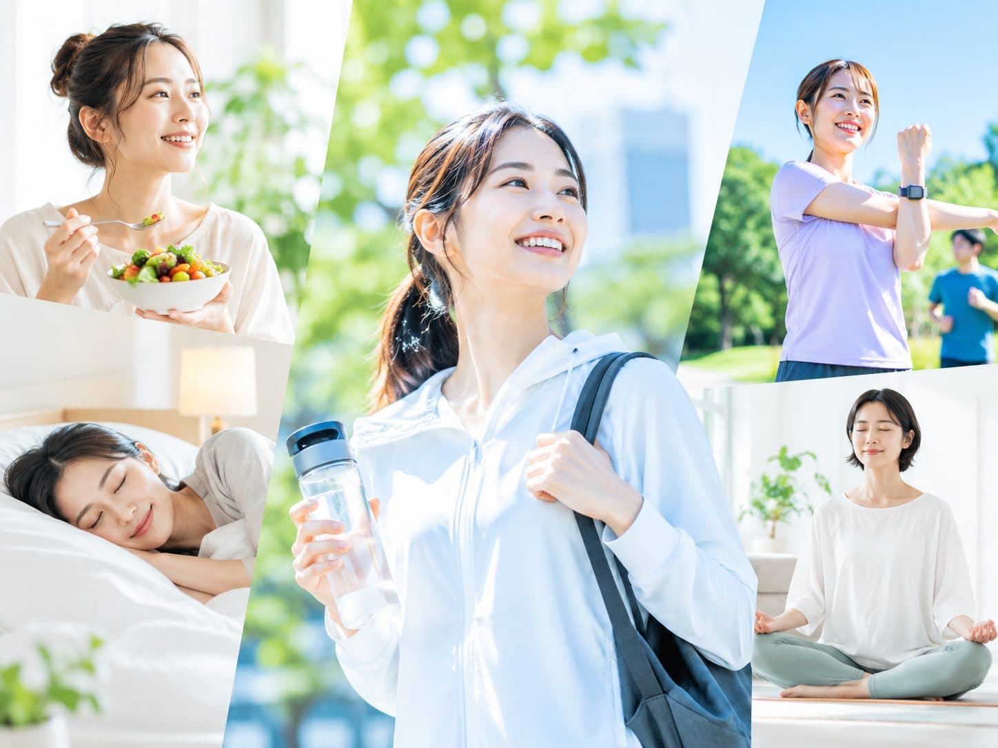 食事、ランニング、睡眠、ストレッチ、深呼吸。毎日の健康に関わる場面を並べた写真